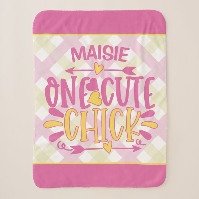 Personalized ADD NAME One Cute Chick Pink Yellow Sherpa Blanket (Front)