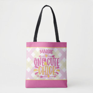 Personalized ADD NAME One Cute Chick Pink Yellow Tote Bag