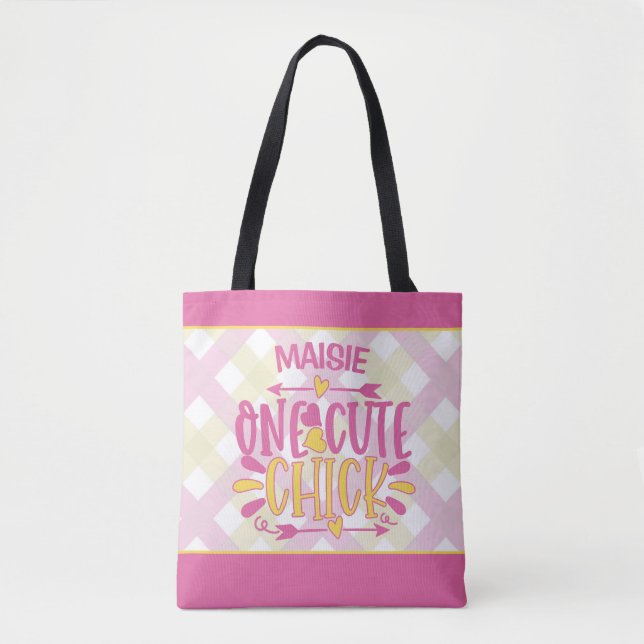 Personalized ADD NAME One Cute Chick Pink Yellow Tote Bag (Front)
