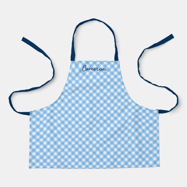 Personalized Add Your Name Baby Blue Gingham Kids Apron (Front)