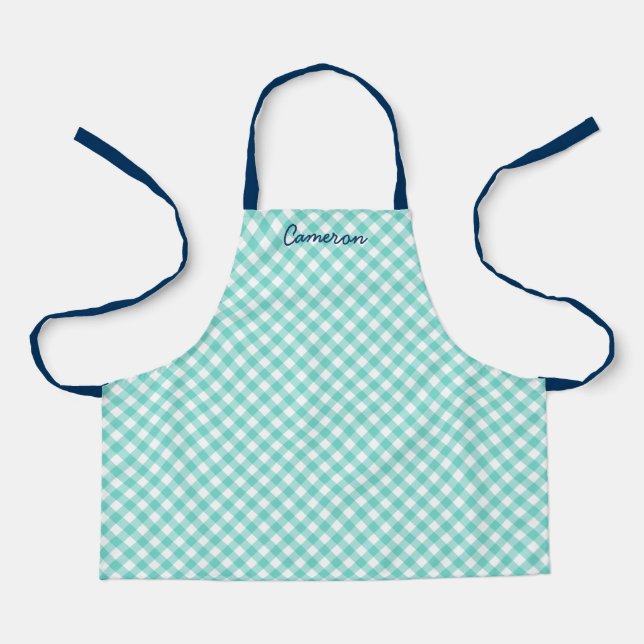 Personalized Add Your Name Mint Gingham Kids Apron (Front)