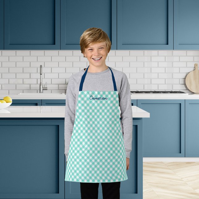 Personalized Add Your Name Mint Gingham Kids Apron (Creator Uploaded)