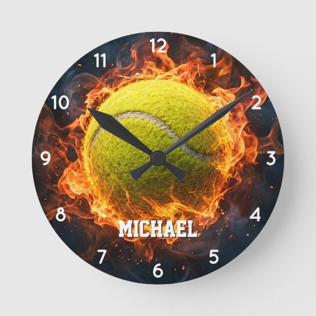 Personalized Add Your Name Tennis Ball on Fire     Round Clock (Front)