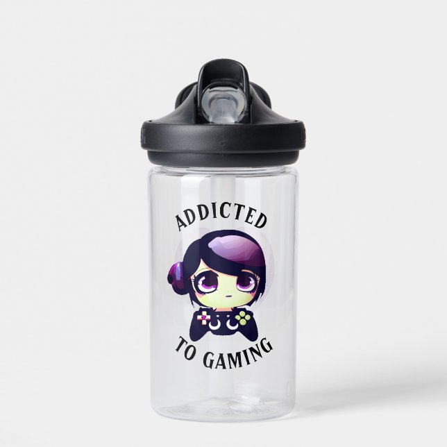 Personalized Addicted to Gaming Kawaii Girl Gamer Water Bottle (Front)