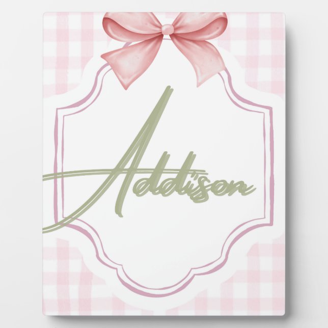 Personalized Addison Baby Girl Nursery Bow&Gingham Plaque (Front)
