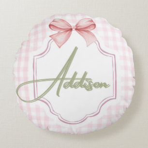 Personalized Addison Baby Girl Nursery Bow&Gingham Round Pillow
