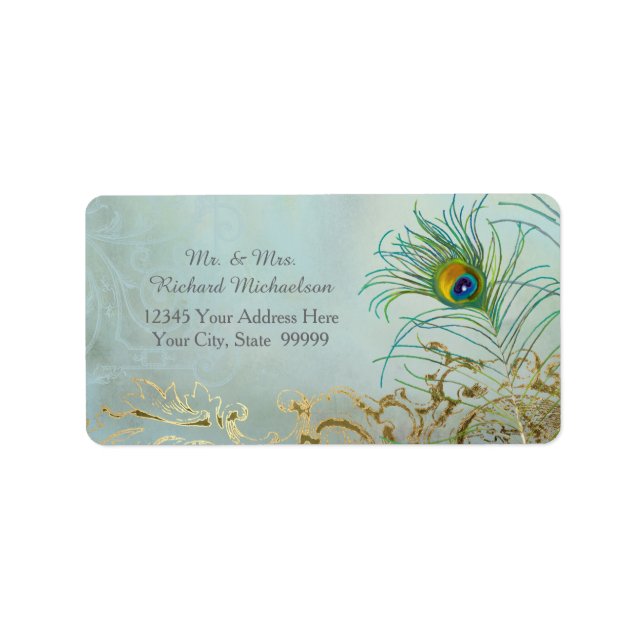 Personalized Address Elegant Peacock Feathers Art Label (Front)