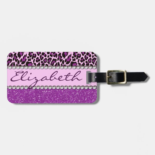 Personalized Address Purple Leopard Glitter Luggage Tag (Front Horizontal)