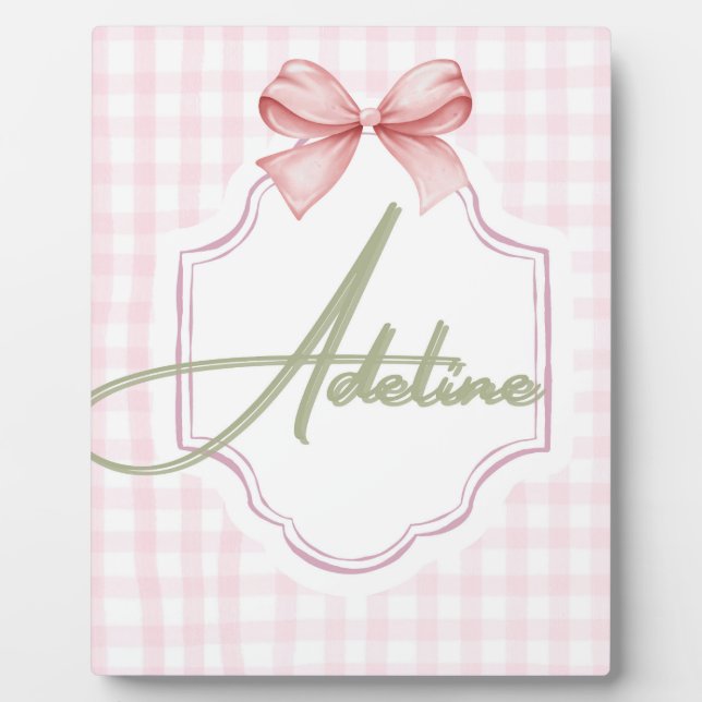 Personalized Adeline Baby Girl Nursery Bow&Gingham Plaque (Front)