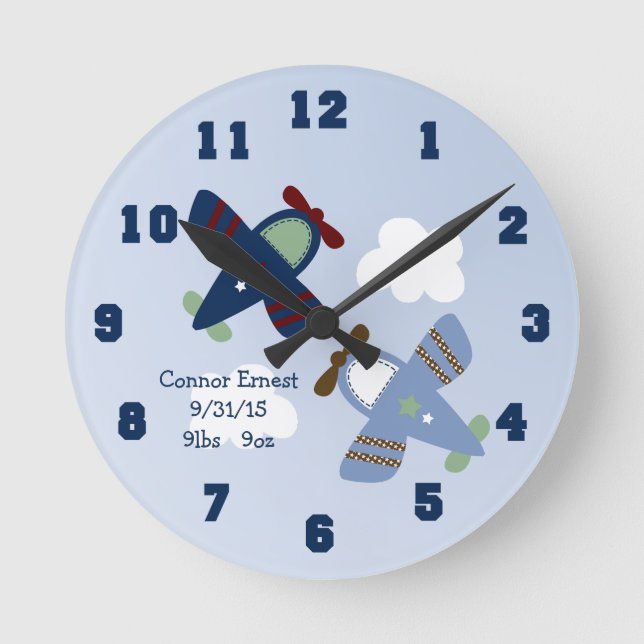 Personalized Adorable Airplanes Nursery Clock (Front)