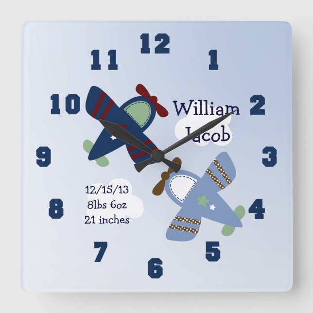 Personalized Adorable Airplanes Nursery Clock (Front)