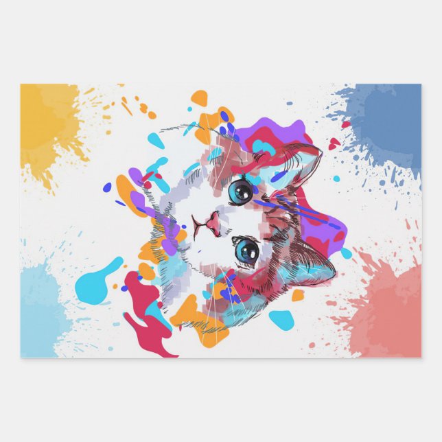 Personalized Adorable Cat | Colourful Cat Gifts Wrapping Paper Sheet (Front)