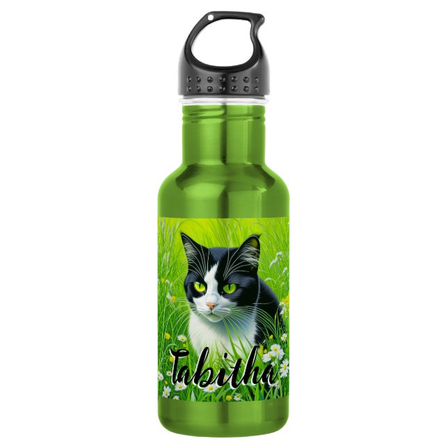 Personalized Adorable Cat in a field of Daisies  532 Ml Water Bottle (Front)