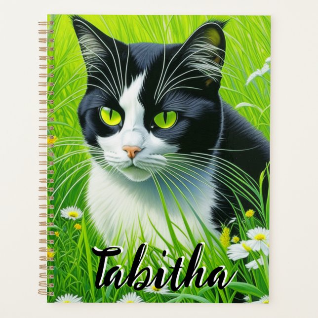 Personalized Adorable Cat in a field of Daisies  Planner (Front)