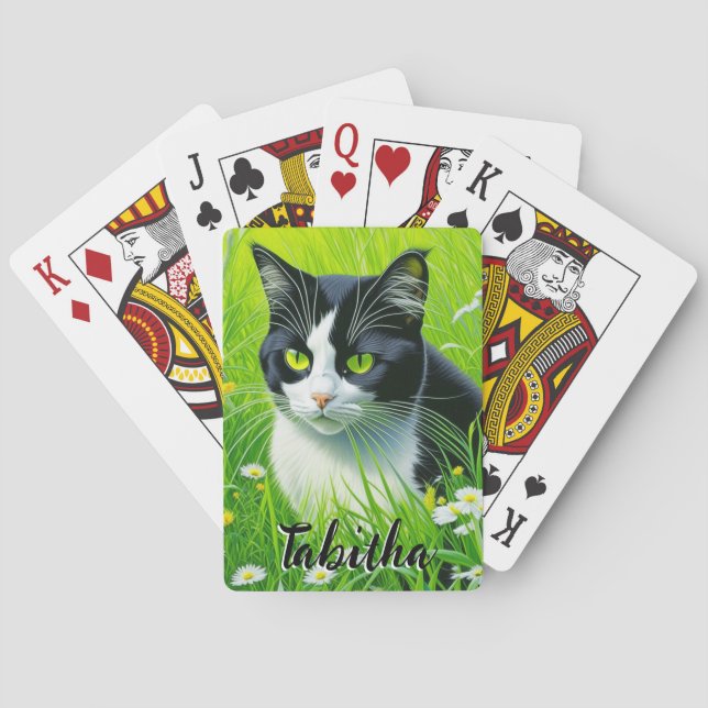 Personalized Adorable Cat in a field of Daisies  Playing Cards (Back)