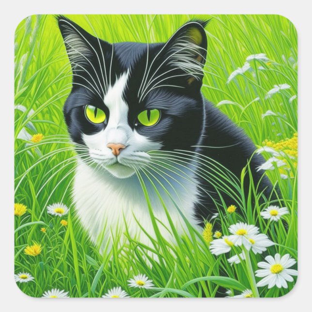 Personalized Adorable Cat in a field of Daisies  Square Sticker (Front)