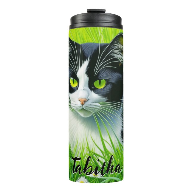 Personalized Adorable Cat in a field of Daisies  Thermal Tumbler (Front)
