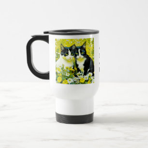 Personalized Adorable Cat in a field of Daisies Travel Mug