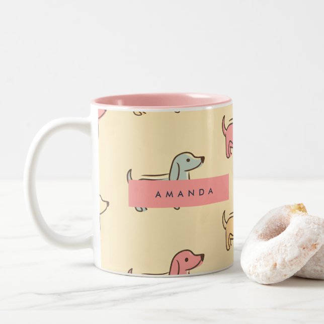 Personalized Adorable Dachshund Dog Pattern Two-Tone Coffee Mug (With Donut)