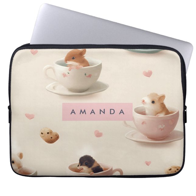 Personalized Adorable Hamster in Teacup Pattern Laptop Sleeve (Front)