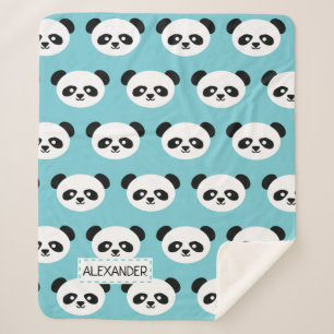 Personalized Adorable Panda Bear Pattern Blue Kids Sherpa Blanket