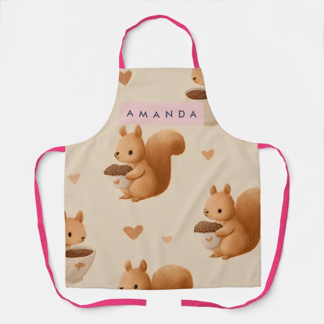 Personalized Adorable Squirrel and Acorn Pattern Apron (Front)