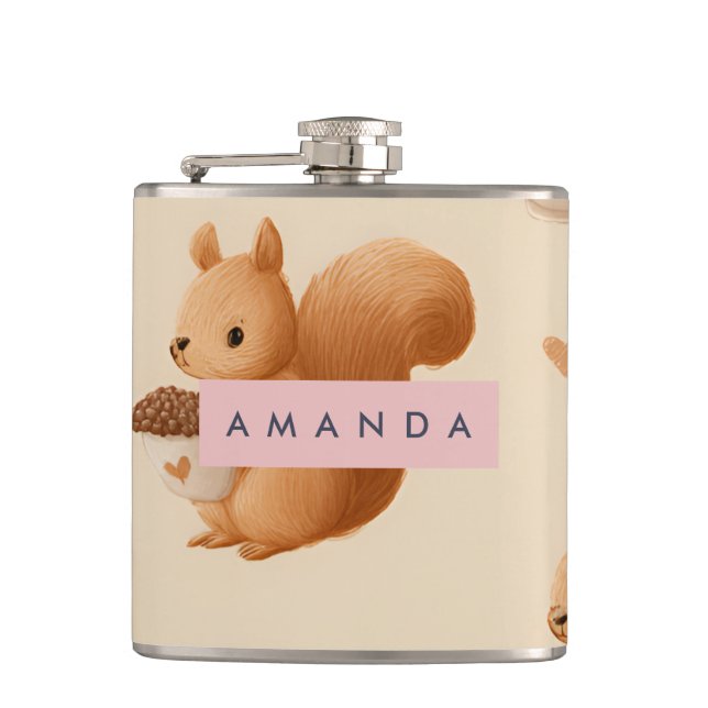 Personalized Adorable Squirrel and Acorn Pattern Hip Flask (Front)