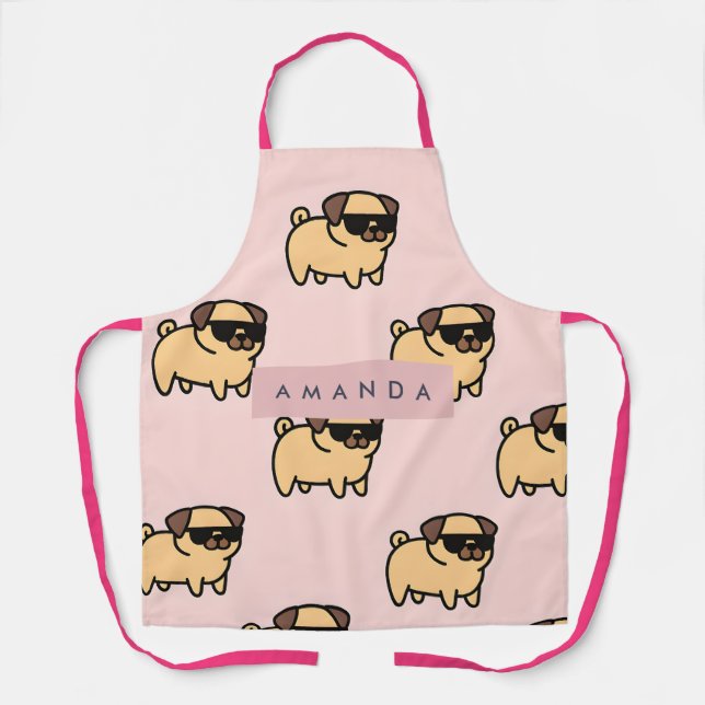 Personalized Adorable Sunglasses Pug Pattern Apron (Front)