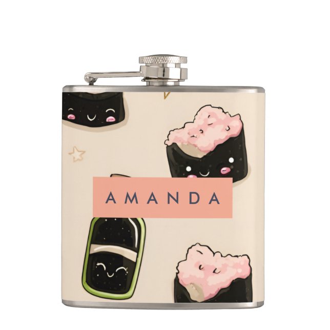 Personalized Adorable Sushi and Soy Sauce Pattern Hip Flask (Front)