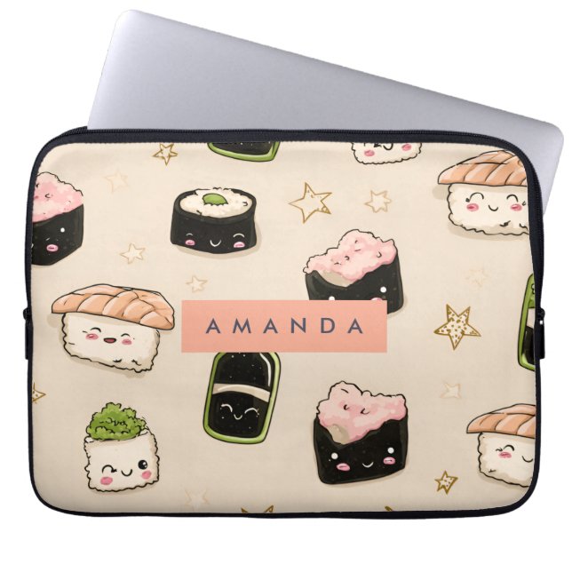 Personalized Adorable Sushi and Soy Sauce Pattern Laptop Sleeve (Front)