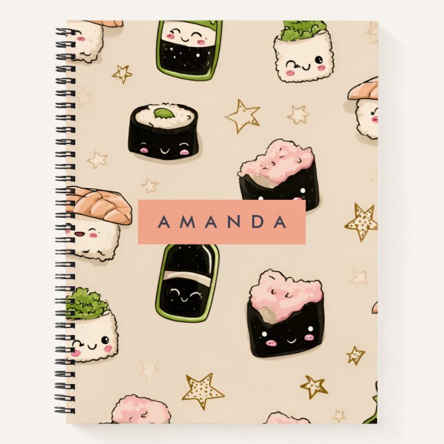 Personalized Adorable Sushi and Soy Sauce Pattern Notebook (Front)