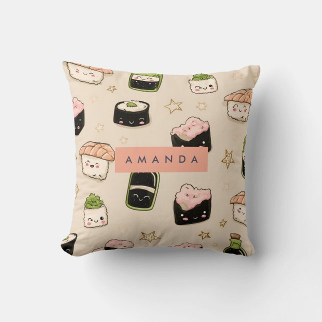 Personalized Adorable Sushi and Soy Sauce Pattern Throw Pillow (Front)