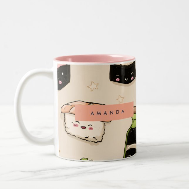 Personalized Adorable Sushi and Soy Sauce Pattern Two-Tone Coffee Mug (Left)