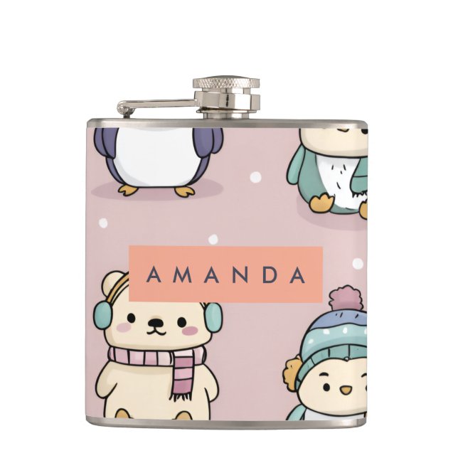 Personalized Adorable Winter Penguin Pattern Hip Flask (Front)
