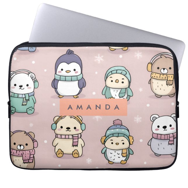 Personalized Adorable Winter Penguin Pattern Laptop Sleeve (Front)