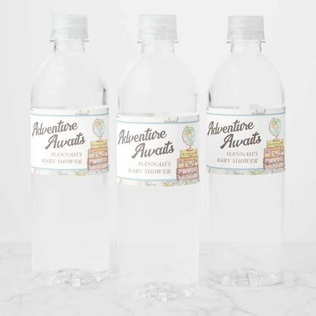 Personalized Adventure Awaits Travel Baby Shower Water Bottle Label (Bottles)