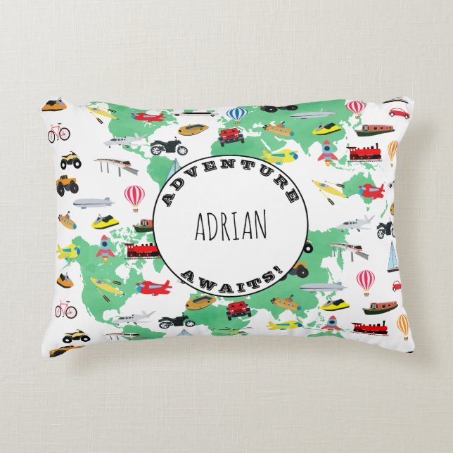 Personalized Adventure Awaits World Map Vehicles Accent Pillow (Front)