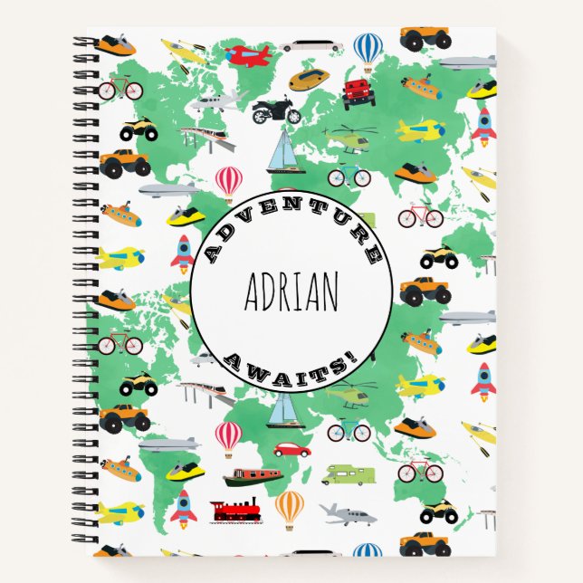 Personalized Adventure Awaits World Map Vehicles Notebook (Front)
