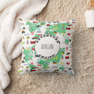 Personalized Adventure Awaits World Map Vehicles Throw Pillow