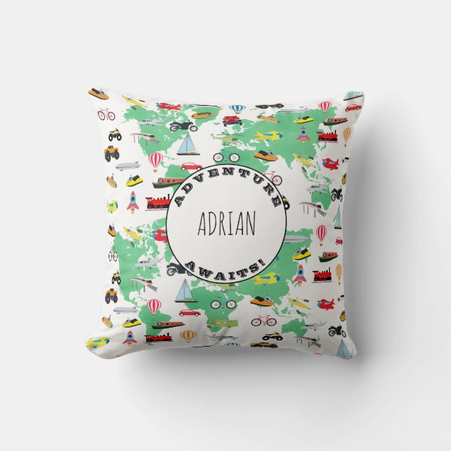 Personalized Adventure Awaits World Map Vehicles Throw Pillow (Front)