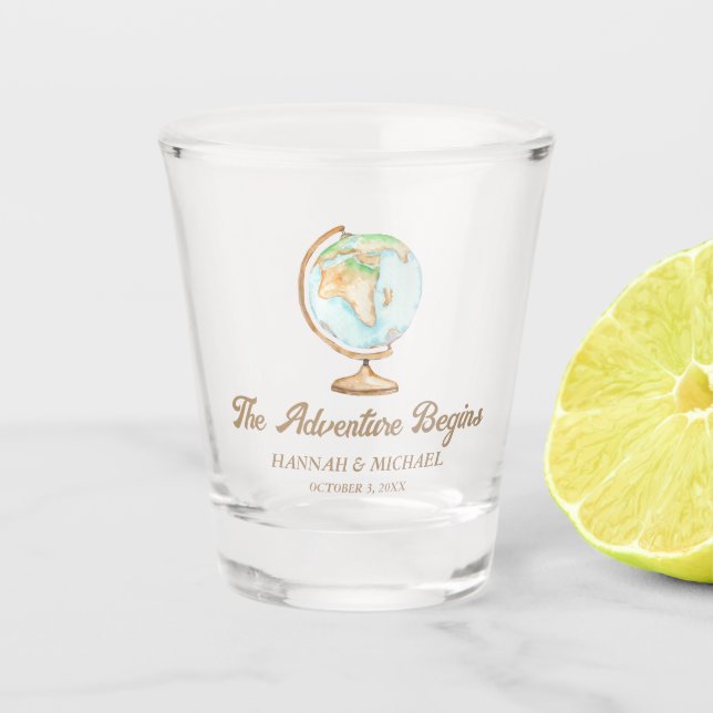 Personalized Adventure Begins Travel Wedding Favou Shot Glass (Front)