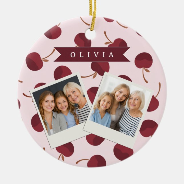 Personalized Aesthetic Cherry Pattern Name Gift Ceramic Ornament (Front)