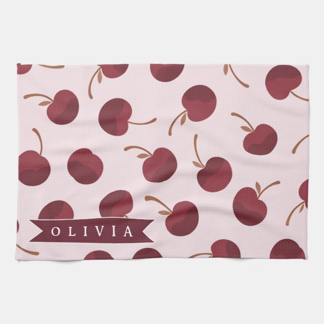 Personalized Aesthetic Cherry Pattern Name Gift Kitchen Towel (Horizontal)