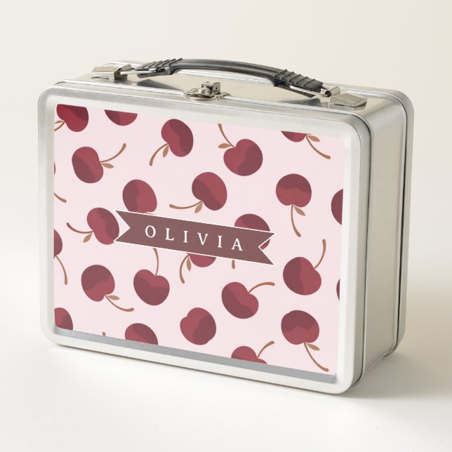 Personalized Aesthetic Cherry Pattern Name Gift Metal Lunch Box (Front)
