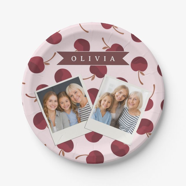 Personalized Aesthetic Cherry Pattern Name Gift Paper Plate (Front)
