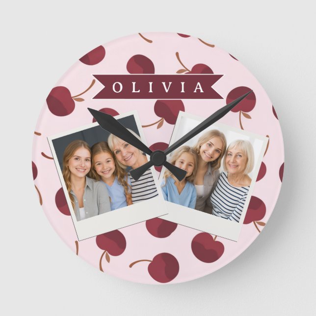 Personalized Aesthetic Cherry Pattern Name Gift Round Clock (Front)