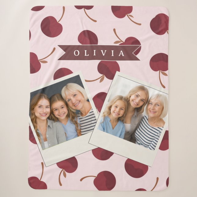 Personalized Aesthetic Cherry Pattern Name Gift Sherpa Blanket (Front)