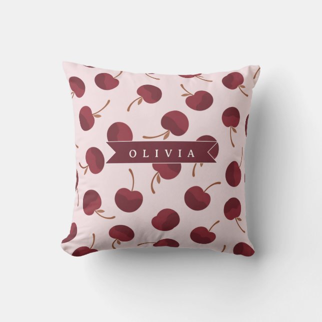Personalized Aesthetic Cherry Pattern Name Gift Throw Pillow (Front)