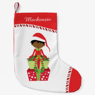 Personalized African American Boy Elf Small Christmas Stocking