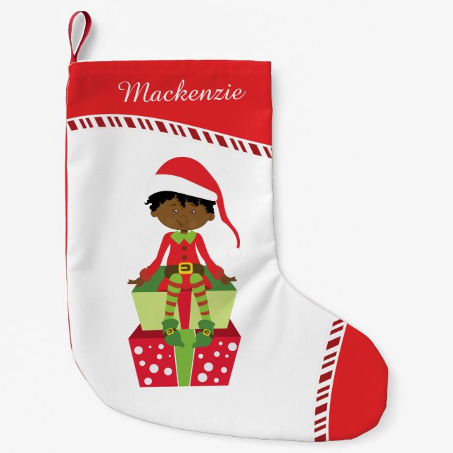 Personalized African American Boy Elf Small Christmas Stocking (Front)
